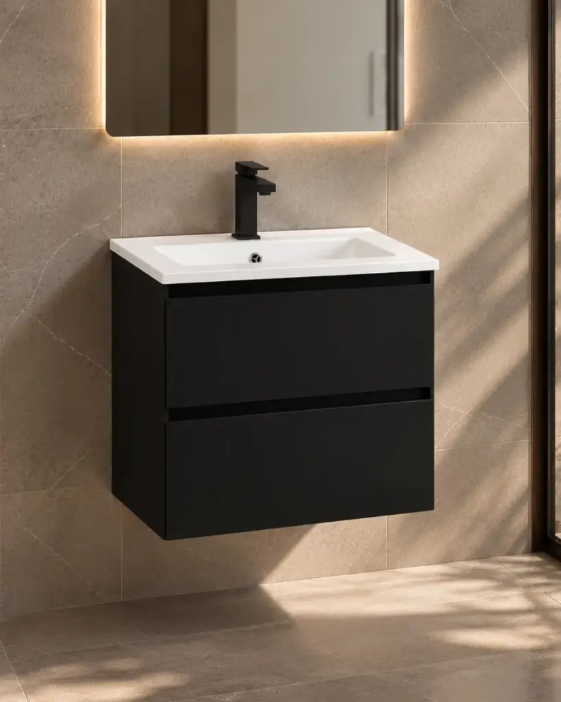 Meuble vasque 60x39cm faible profondeur, noir mat, One