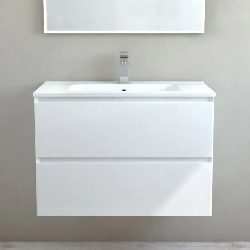 Meuble suspendu 80cm et plan vasque céramique, 2 tiroirs, blanc brillant, One