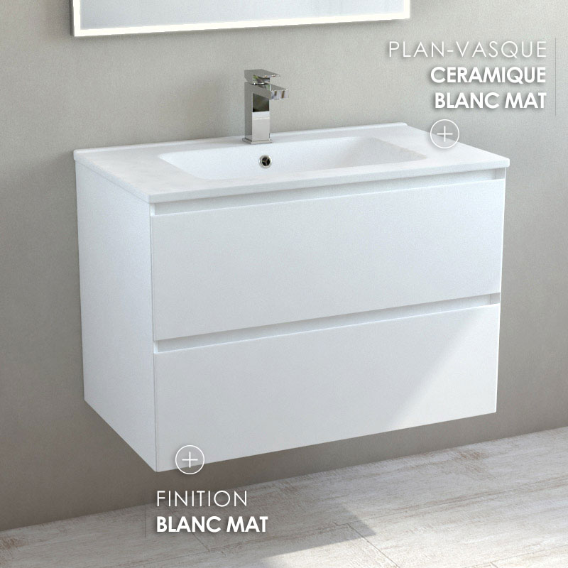 Meuble suspendu 80cm blanc mat et plan vasque céramique mat, One