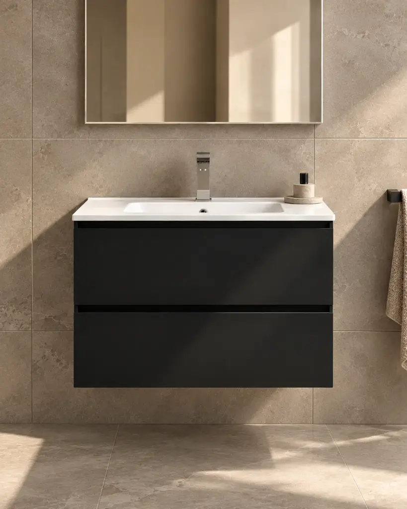 Meuble suspendu 80cm noir mat et plan vasque céramique blanc, One