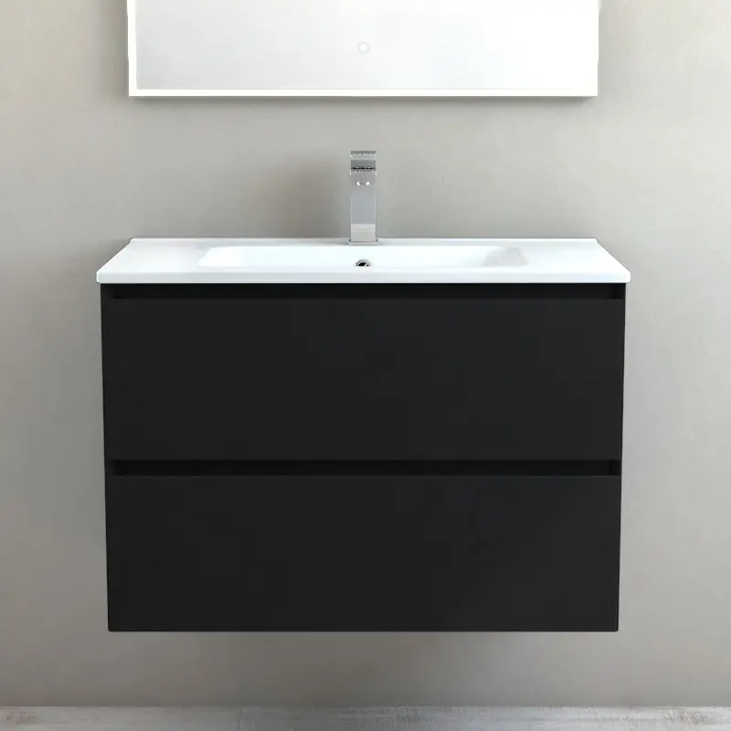 Meuble suspendu 80cm noir mat et plan vasque céramique blanc, One