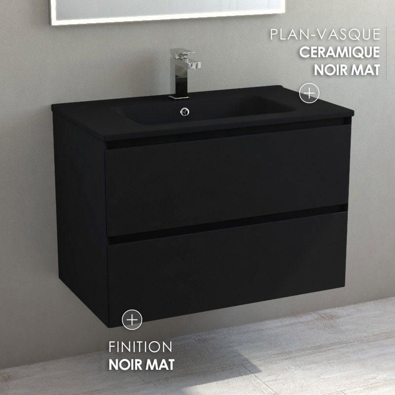 Meuble suspendu 80cm noir mat et plan vasque céramique noir mat, One