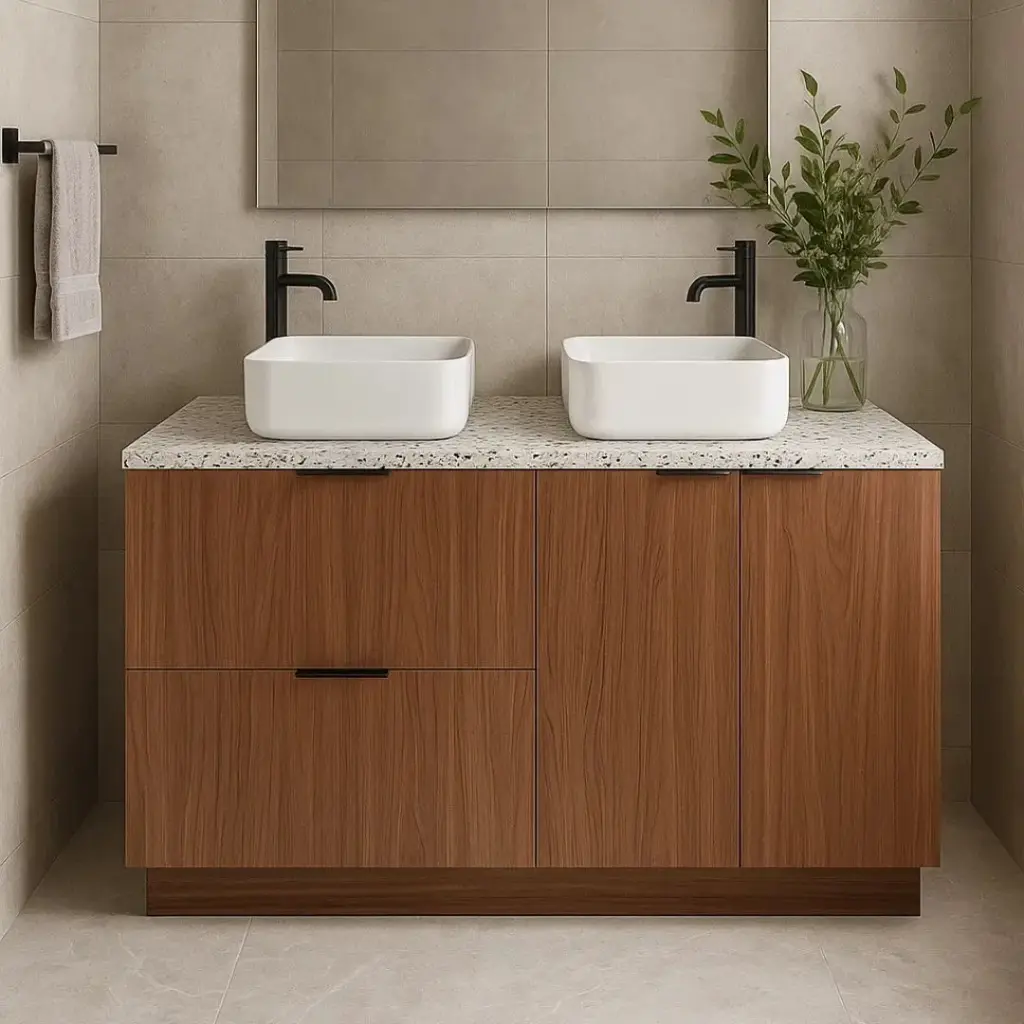 Meuble avec plan Terrazzo, 120 cm, Meuble Noyer et Plan Terrazzo Diamond Ice