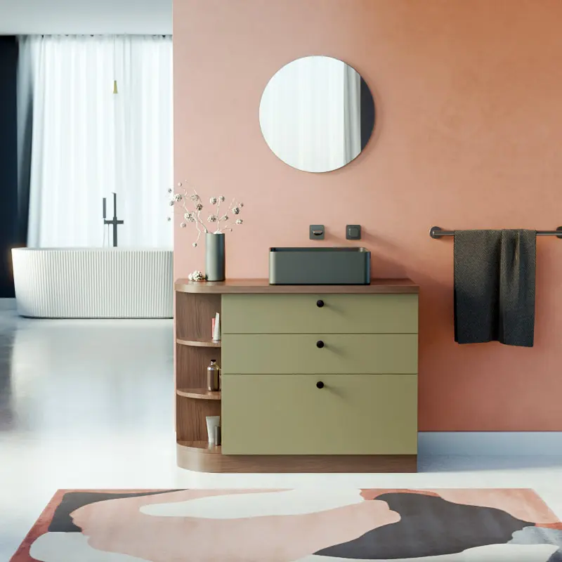 Meuble à poser 100 cm, vert olive et bois noyer, bord arrondi, Alma