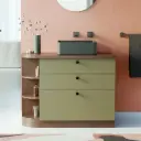 Meuble à poser 100 cm, vert olive et bois noyer, bord arrondi, Alma