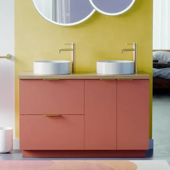 Meuble 120 cm Rouge argile, plan aspect chêne clair, 2 tiroirs et 2 portes Alma