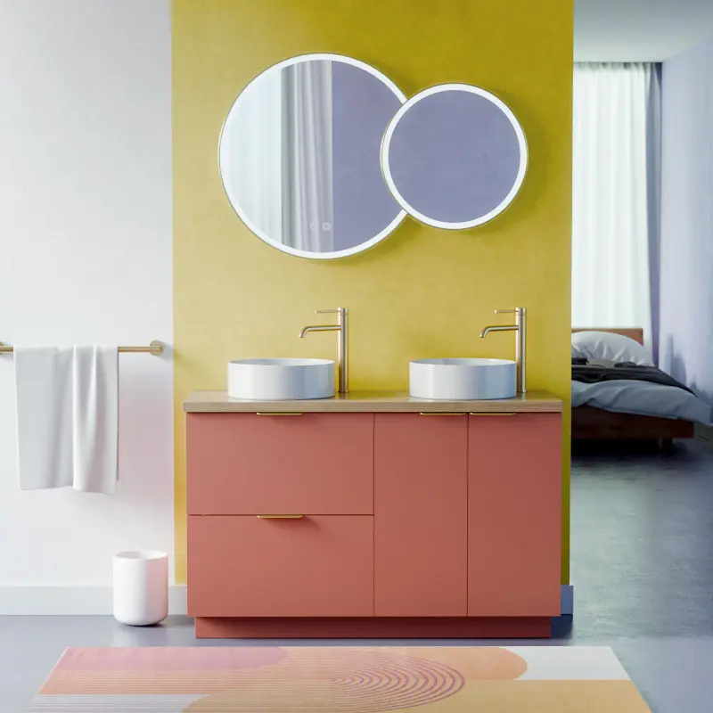 Meuble 120 cm Rouge argile, plan aspect chêne clair, 2 tiroirs et 2 portes Alma