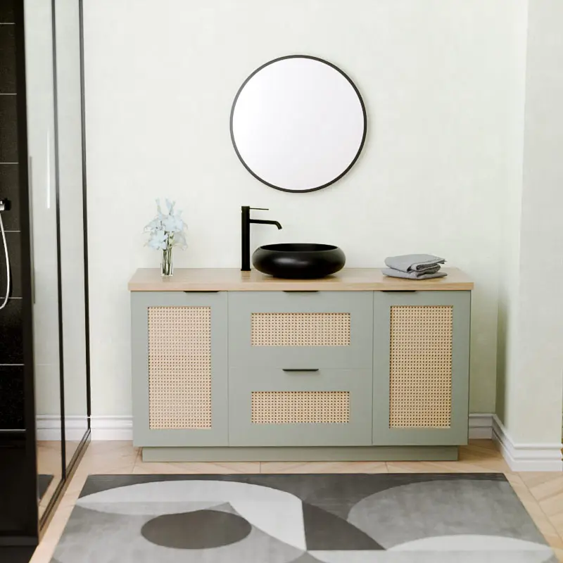 Meuble  Cannage en rotin, 140cm, Vert argile, plateau effet chêne clair, Alma