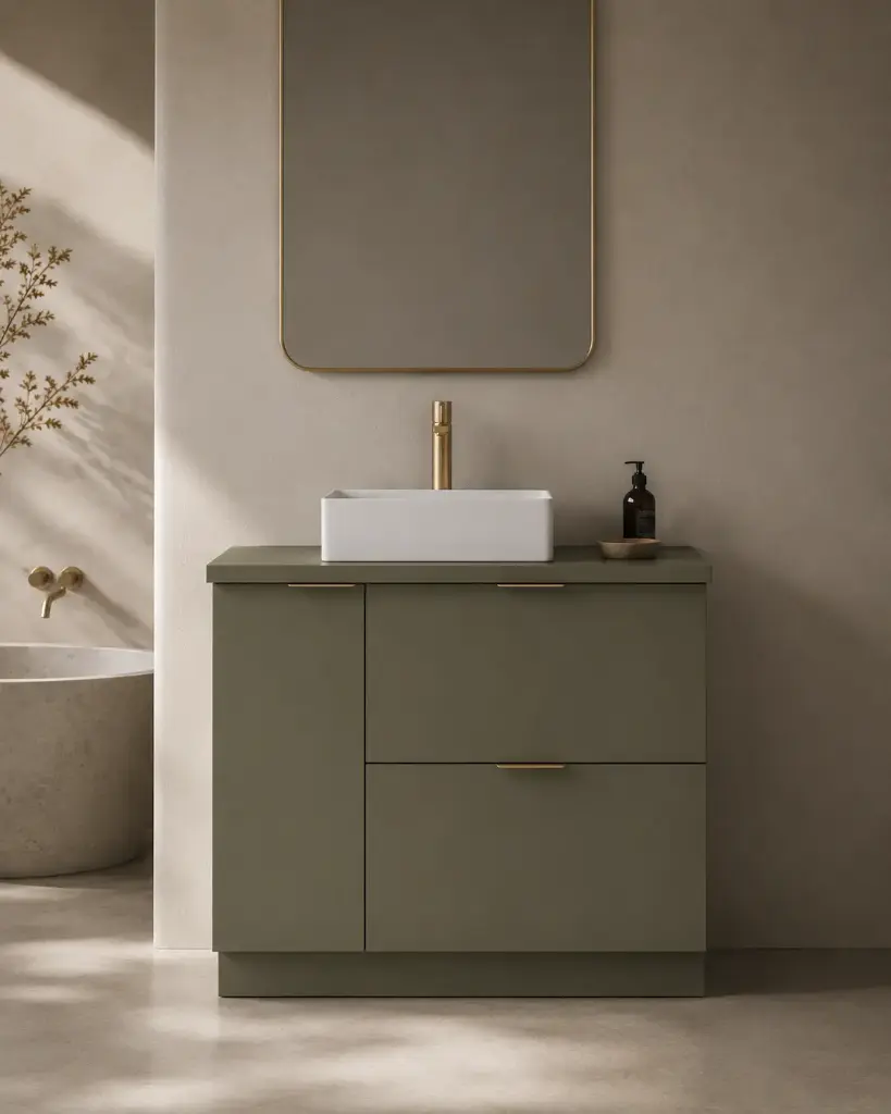Meuble à poser 90 cm, vert olive avec poignées doré brossé, Alma