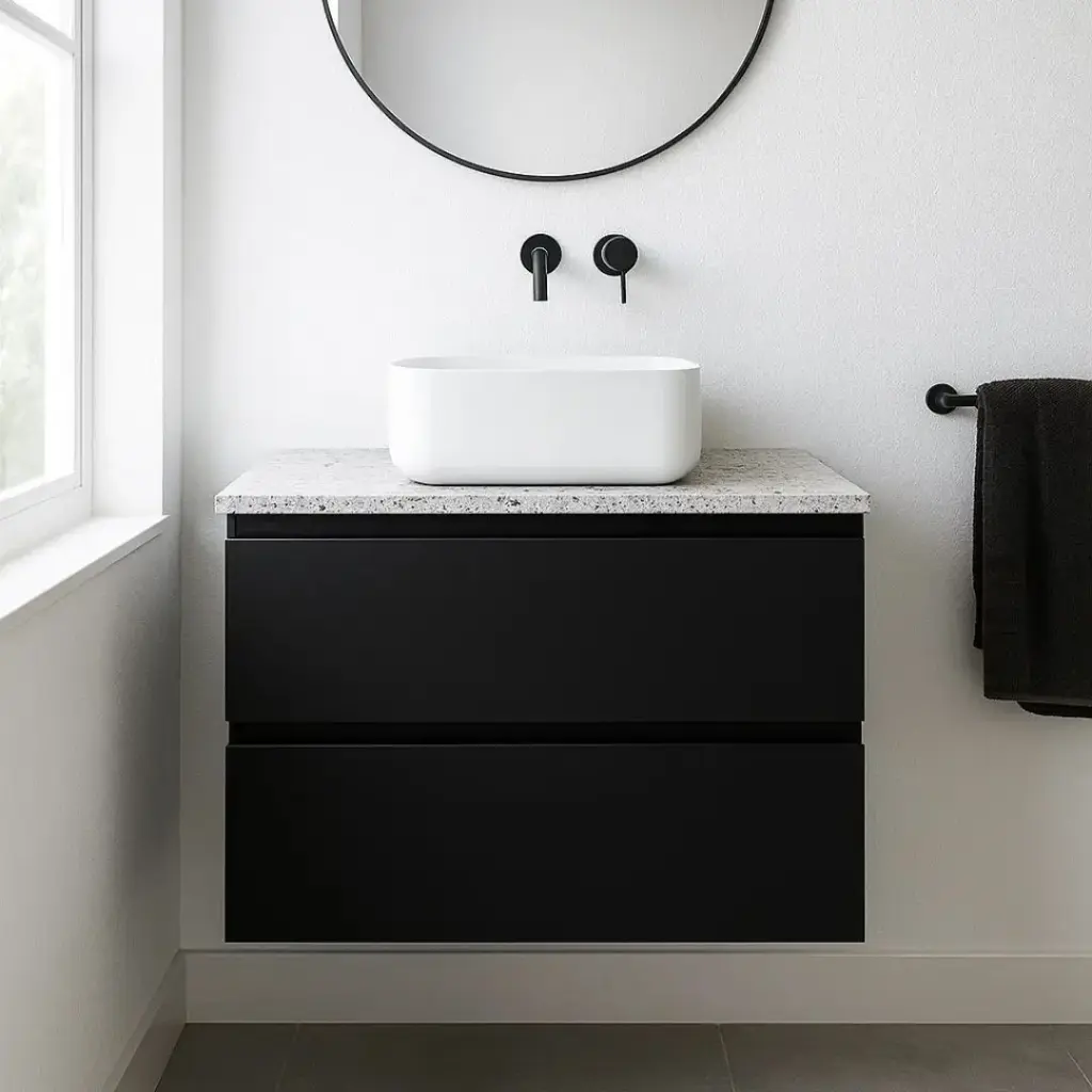 Meuble suspendu 80 cm pour vasque à poser, Noir et Plan Terrazzo Kala White, Caruso
