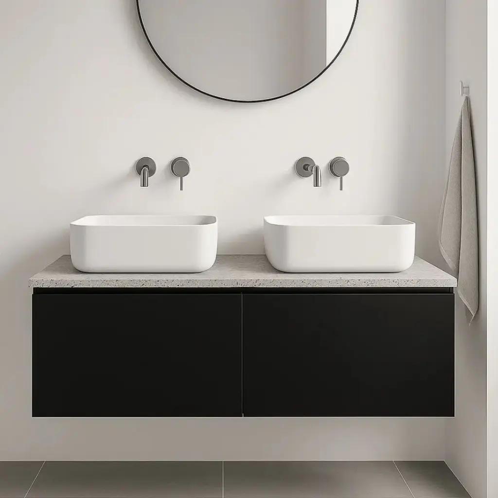 Meuble suspendu 120 cm pour vasque à poser, Noir et Plan Terrazzo Kala White,Caruso