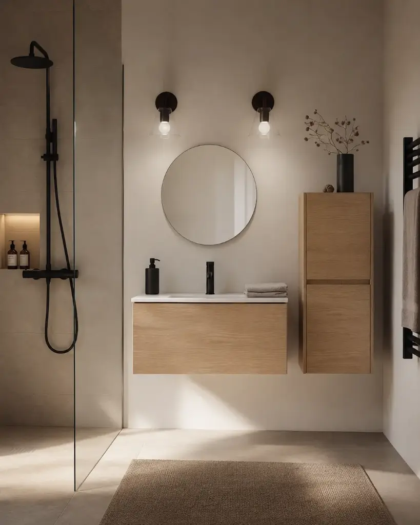 Meuble salle de bains 80 cm, 1 tiroir et colonne, Frêne foncé, Caruso