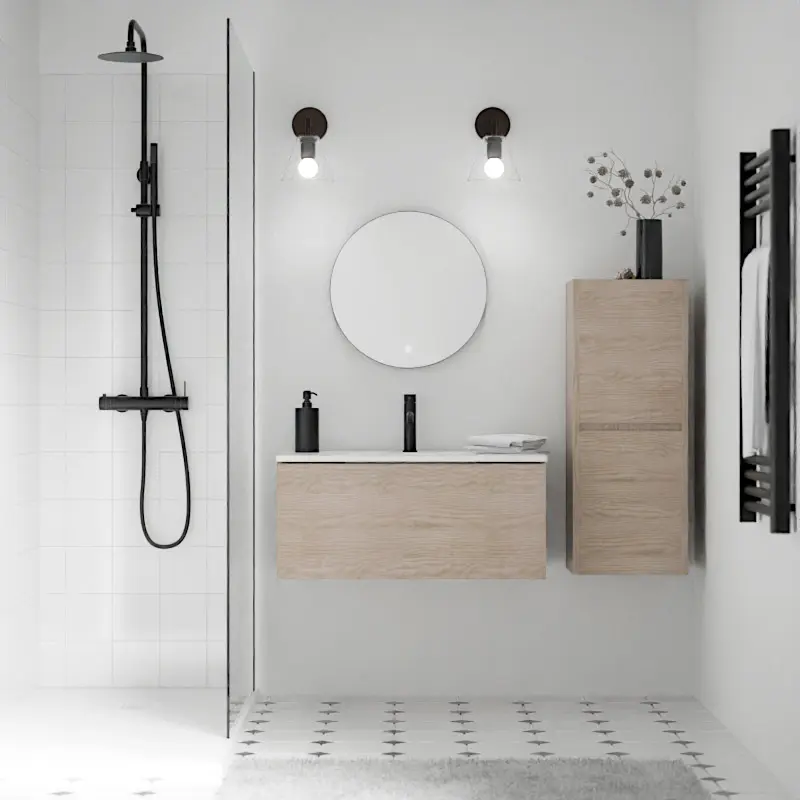 Meuble salle de bains 80 cm, 1 tiroir et colonne, Frêne foncé, Caruso