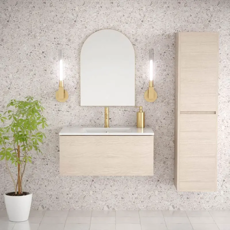 Meuble salle de bains 80cm et colonne assortie fresne clair, Caruso