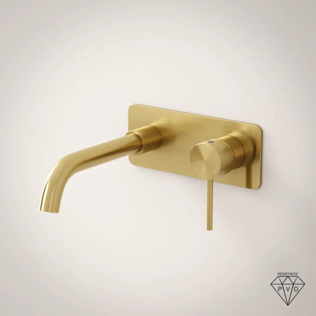 Mitigeur lavabo mural doré brossé, bec 20cm, Châtelet III