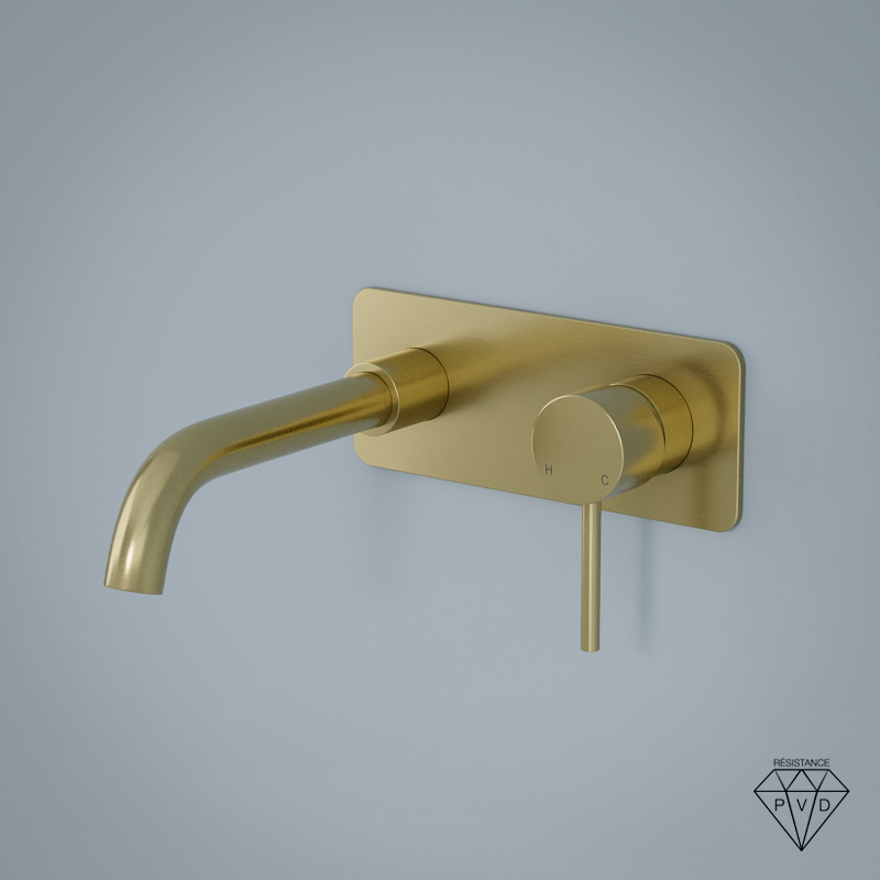Mitigeur lavabo mural doré brossé, bec 20cm, Châtelet III