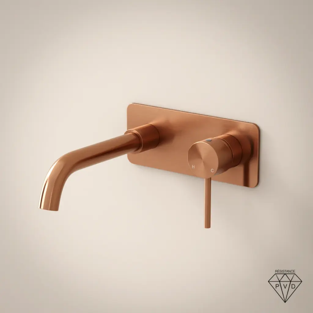 Mitigeur lavabo mural doré rose brossé, bec 20cm, Châtelet III