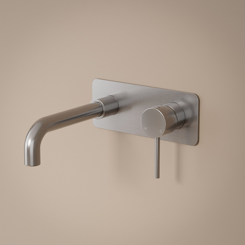 Mitigeur lavabo mural inox brossé, bec 20 cm, Châtelet III