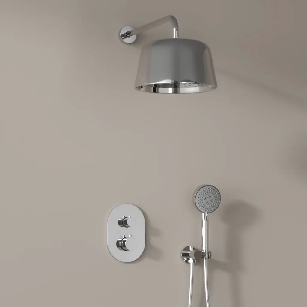 Mitigeur de douche encastrée avec pomme cloche inox poli et douchette ronde, Châtelet