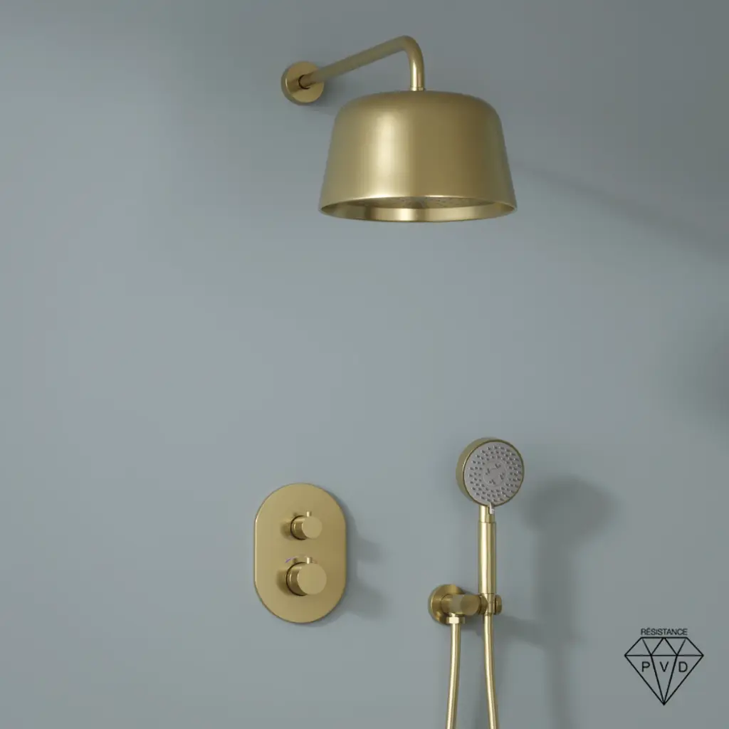 Mitigeur de douche encastrée avec pomme cloche doré brossé, douchette ronde, Châtelet