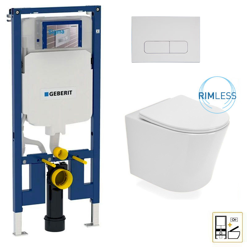 Bâti Geberit Duofix Extra-Plat + Plaque blanche + WC suspendu Flavia blanc Rimless - Pack WC suspendu