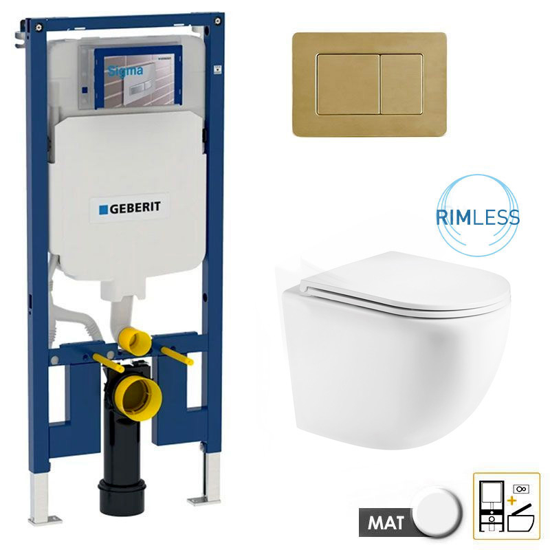 Bâti Geberit Duofix Extra-Plat + Plaque doré brossé + WC suspendu Kivu blanc mat Rimless