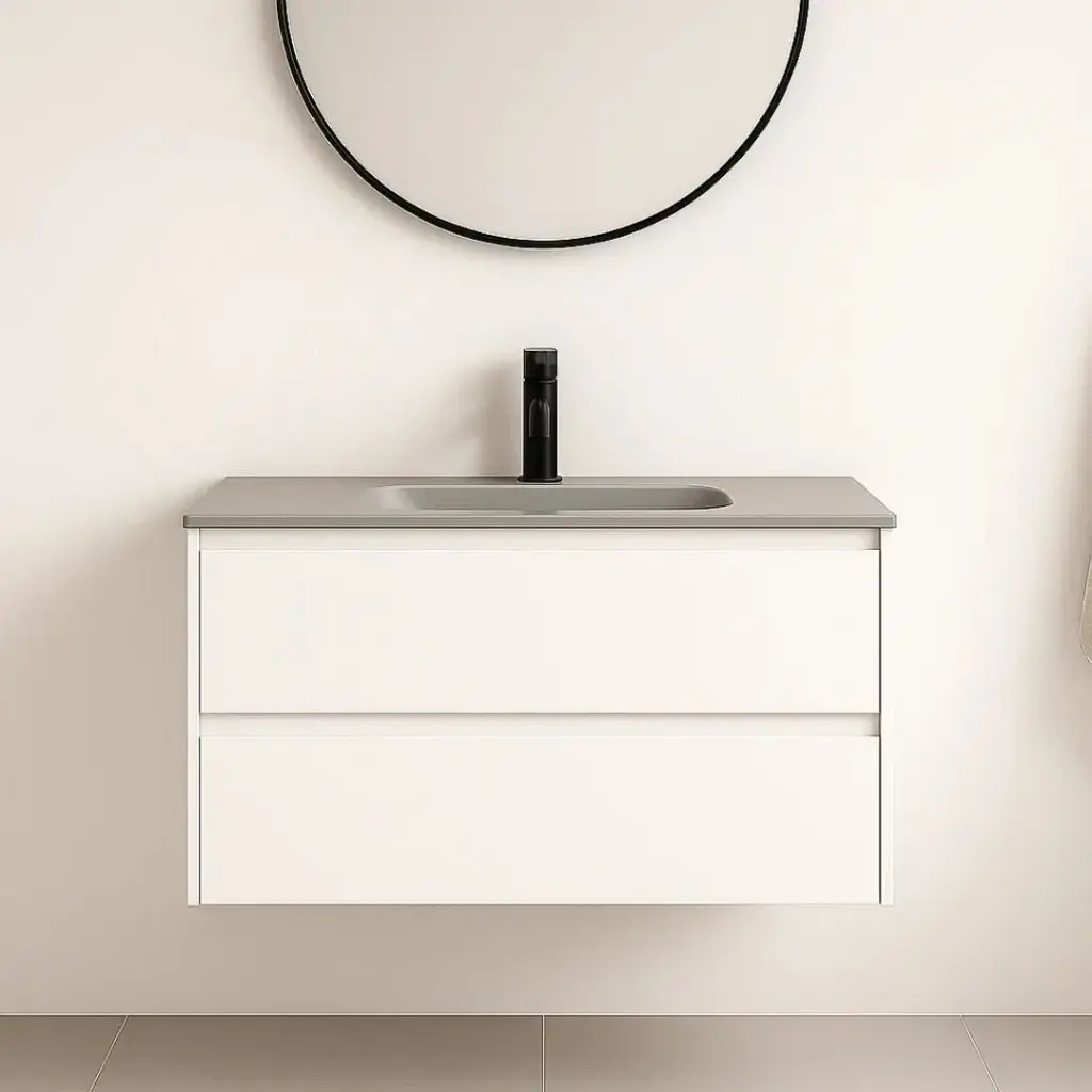 Meuble suspendu 100cm blanc mat et plan vasque verre gris 100 cm, One