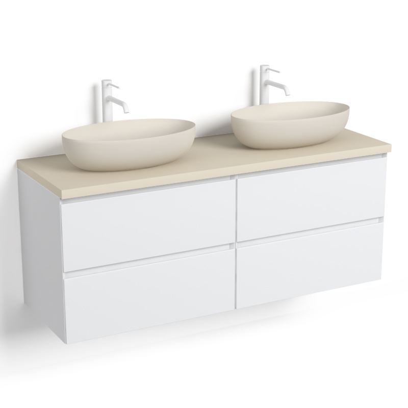 Meuble suspendu salle de bain blanc mat 140 cm, plateau Biscuit, One