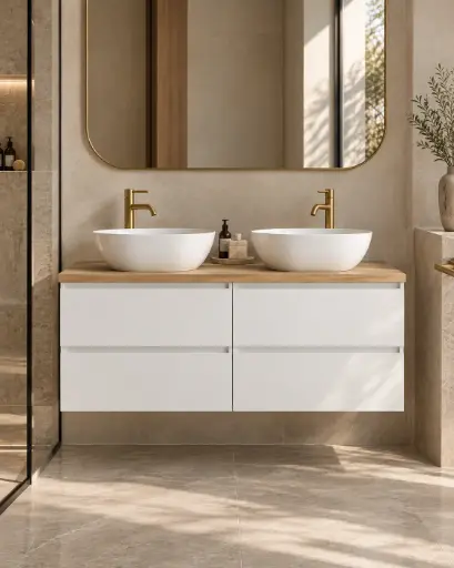 Meuble salle de bain blanc mat 140 cm, One, 6 couleurs de plateau