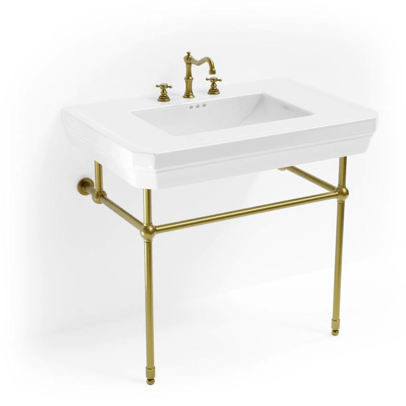 Lavabo console simple, 3 trous, pieds doré brossé, 81 cm, 1920