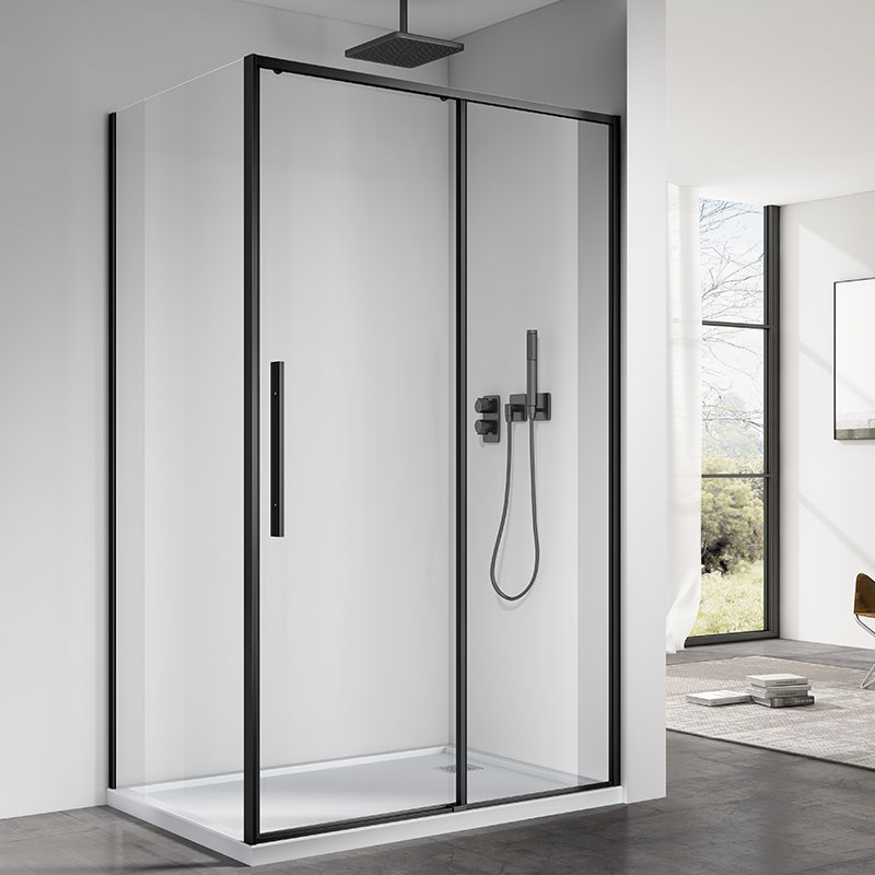 Cabine de douche coulissante, retour fixe 80cm porte 100,120 ou 140cm, noir mat, Arena