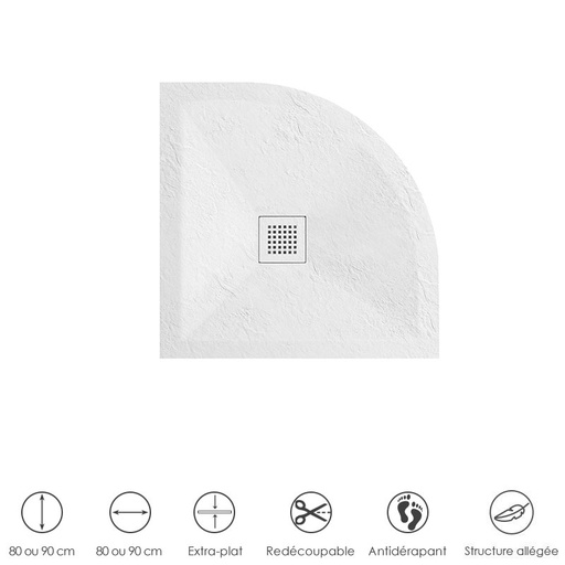 Receveur de douche 1/4 de rond 90 cm, grille blanche, Composite Blanc, Fjord