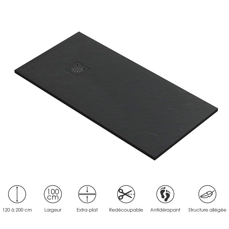 Receveur de douche 100x 140, 160 ou 200 cm. Grille noire, Composite Noir, Fjord