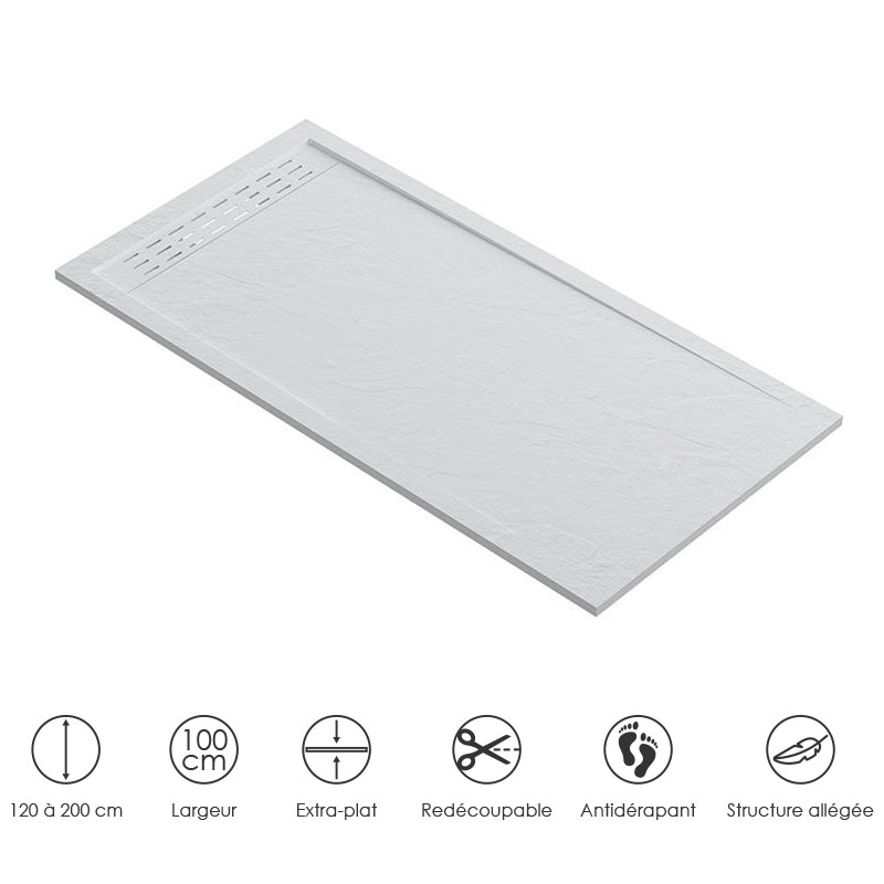 Receveur de douche 100x200 cm. Grille blanche, Composite Blanc, Jungle