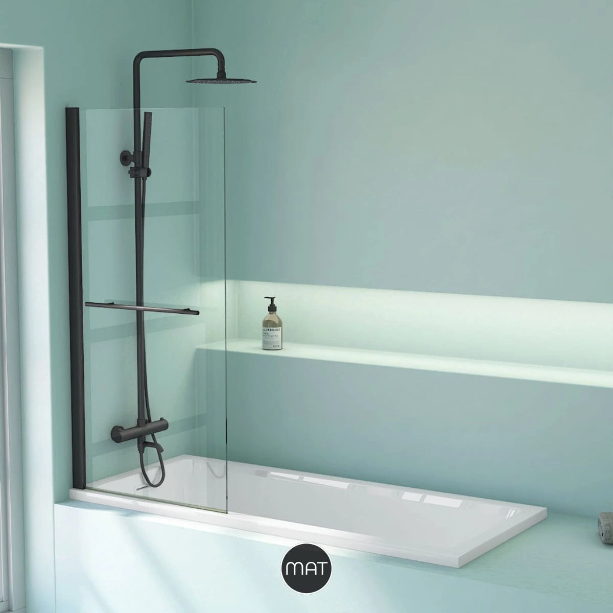 Pare-baignoire fixe avec porte-serviettes, 70 ou 80 x 140 cm, profilé noir mat, Palma 2