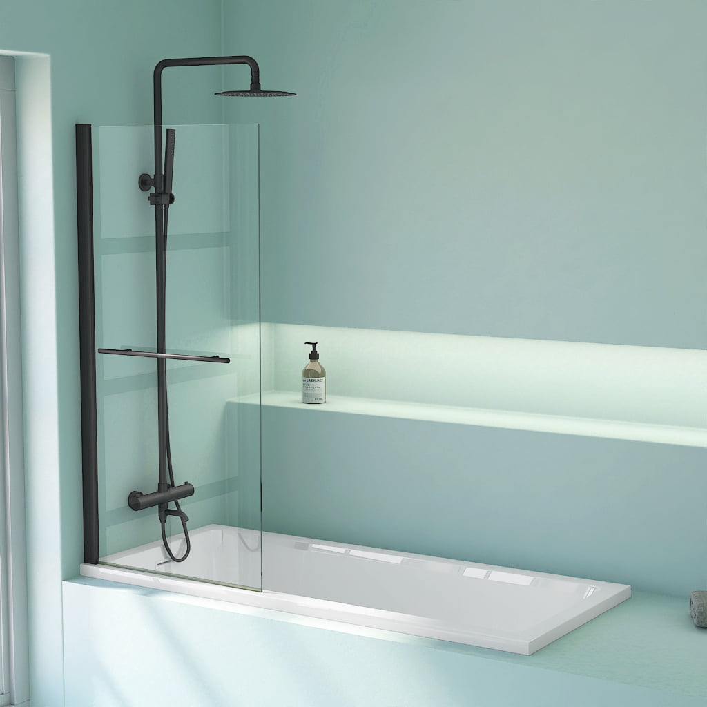 Pare-baignoire fixe avec porte-serviettes, 70 ou 80 x 140 cm, profilé noir mat, Palma 2