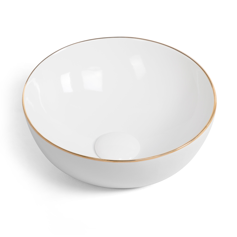 Vasque à poser 41 x 37 x 19.5 cm ronde, céramique, Blanc brillant avec liseré or, made in France, Fil