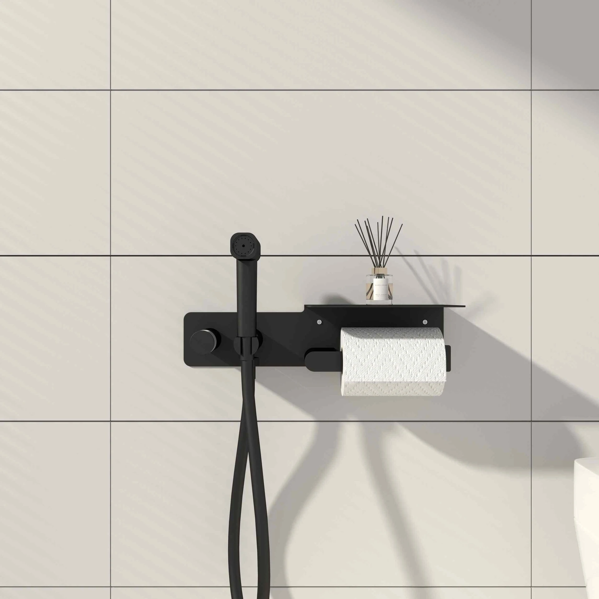 Set Douchette hygiénique avec porte rouleau Noir mat Châtelet