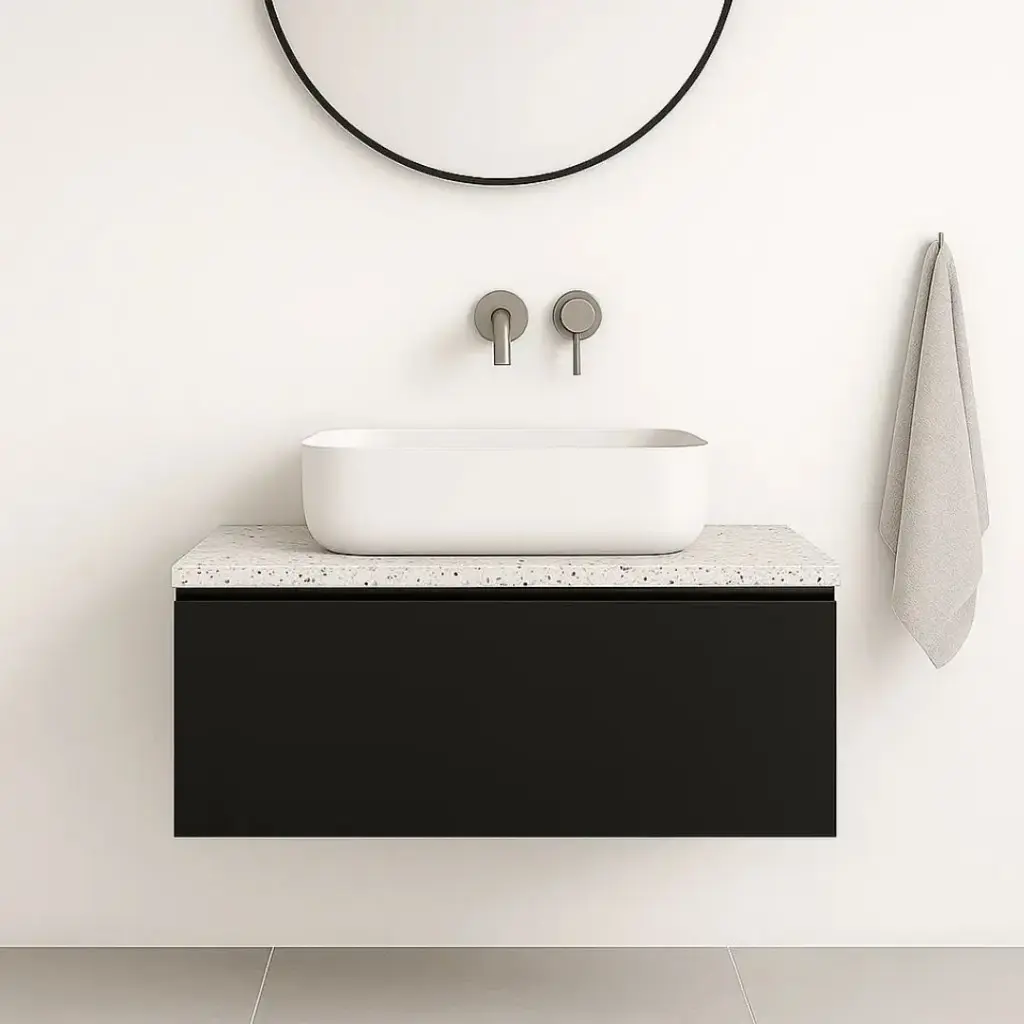 Meuble suspendu 80 cm pour vasque à poser, Noir et Plan Terrazzo Diamond Ice, Caruso