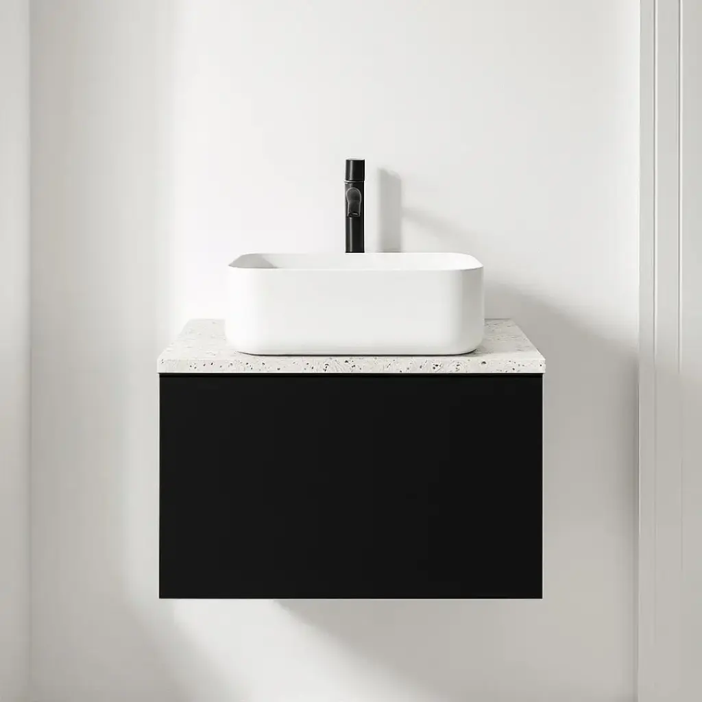 Meuble suspendu 60 cm pour vasque à poser, Noir et Plan Terrazzo Kala White, Caruso