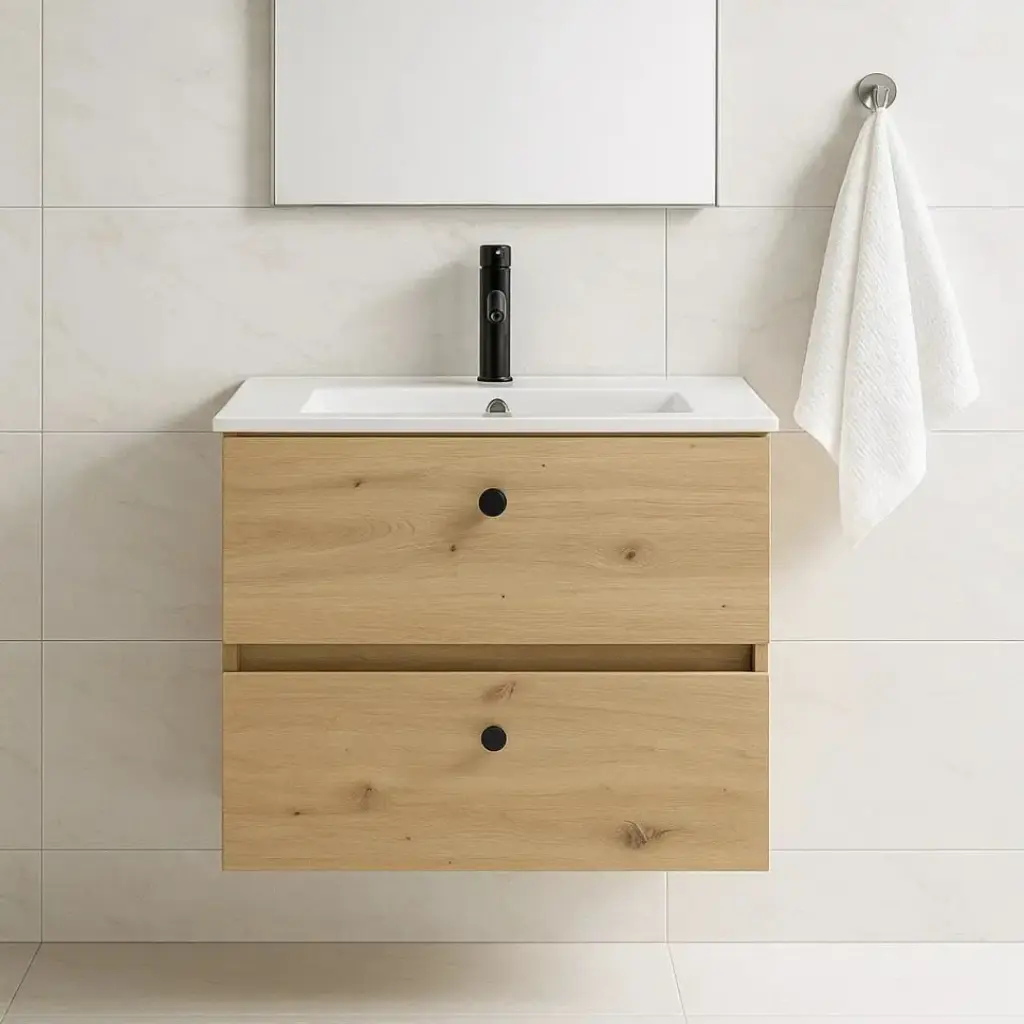 Meuble salle de bain suspendu 80 cm, Amazonia, 2 tiroirs + vasque céramique, Caruso