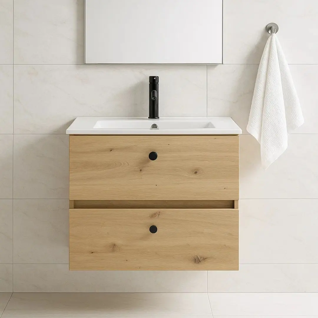 Meuble salle de bain suspendu 80 cm, Amazonia, 2 tiroirs + vasque céramique, Caruso