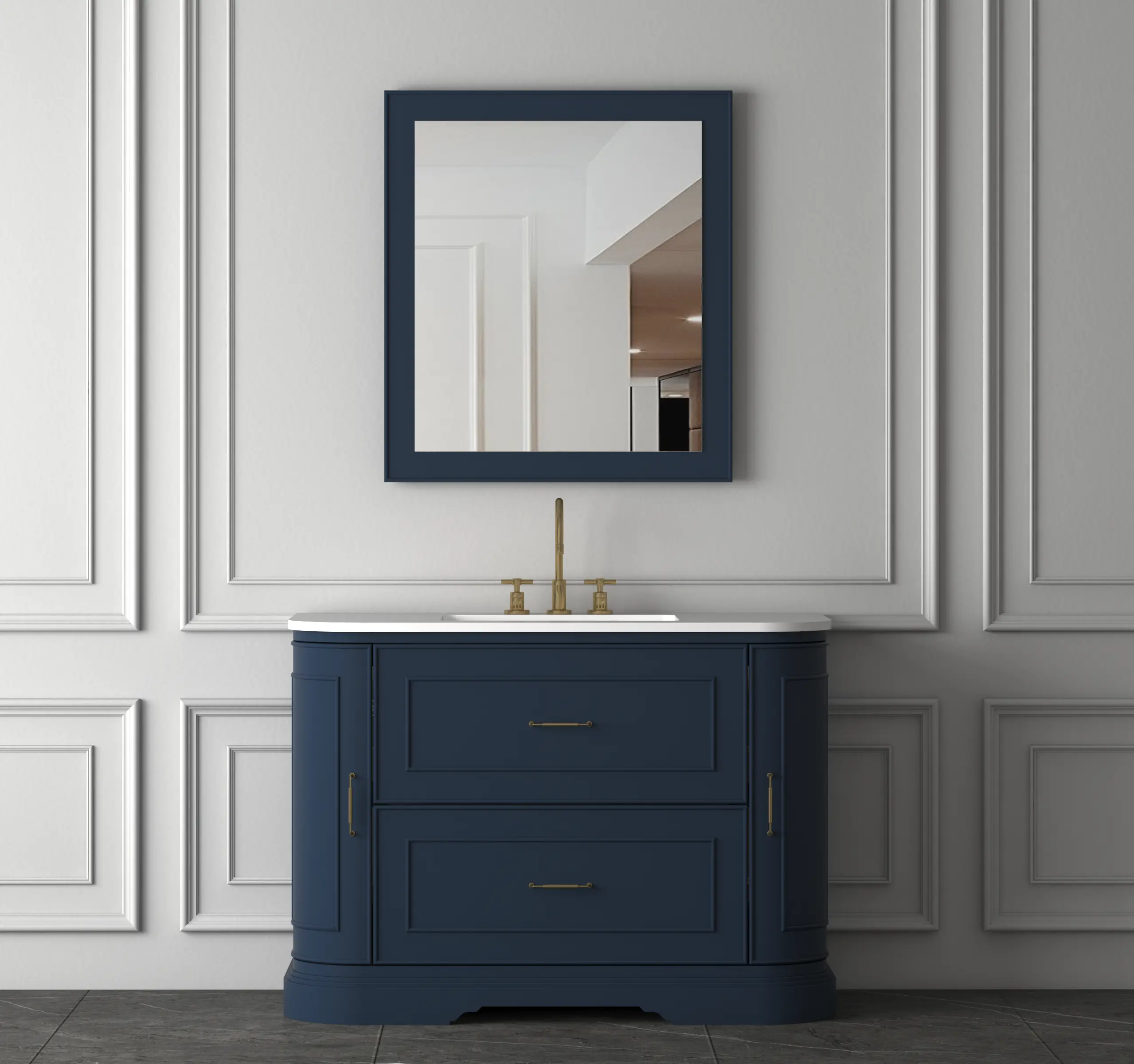 Meuble vasque à poser bleu 120 cm avec plan vasque blanc inspiré du style Art Déco, dans une salle de bain élégante.