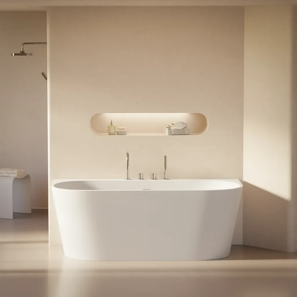 Baignoire murale, avec plage de robinetterie, 160 ou 170 cm, acrylique mat, Milos 