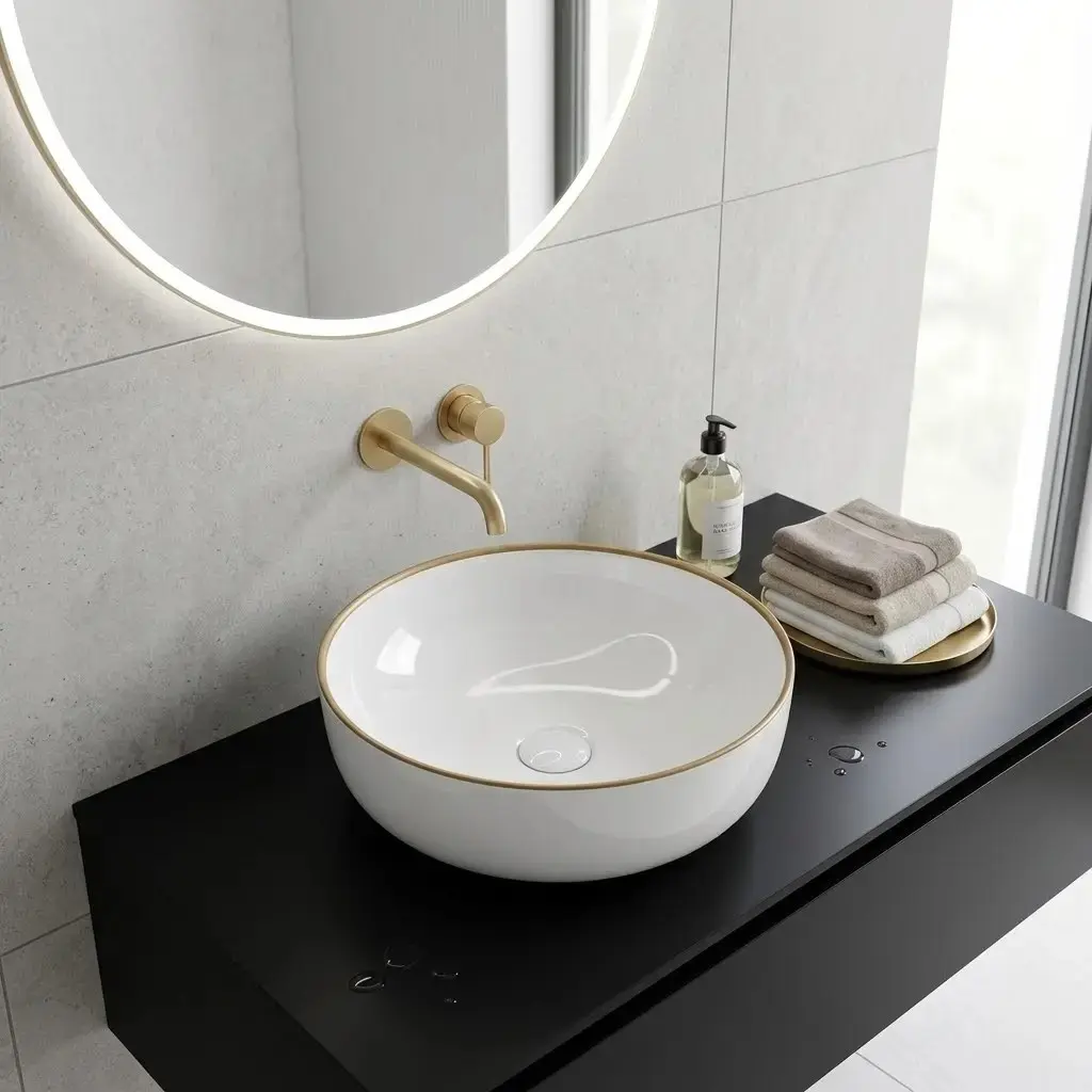 Vasque à poser, Ø41,5 cm, céramique, 3 couleurs avec liseré doré, Line