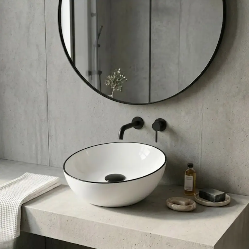 Vasque à poser 41 x 37 cm ronde, céramique, Blanc avec liseré noir, made in France, Fil