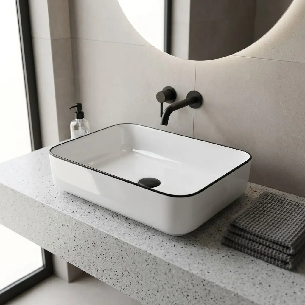 Vasque à poser, 50x39 cm, Blanc avec liseré noir, Line