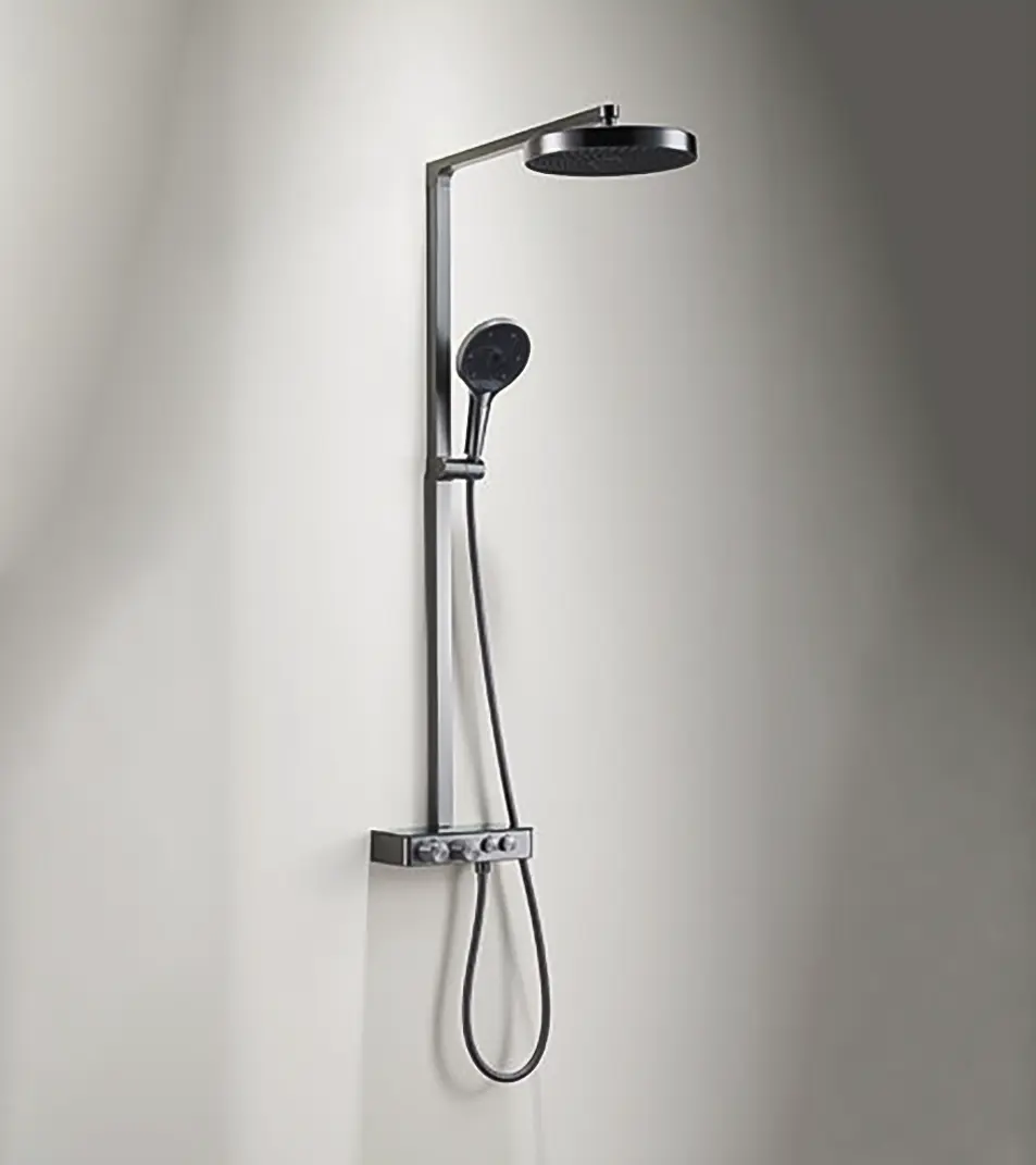 Colonne de douche thermostatique Bruma Gun métal avec douche de tête et douchette.