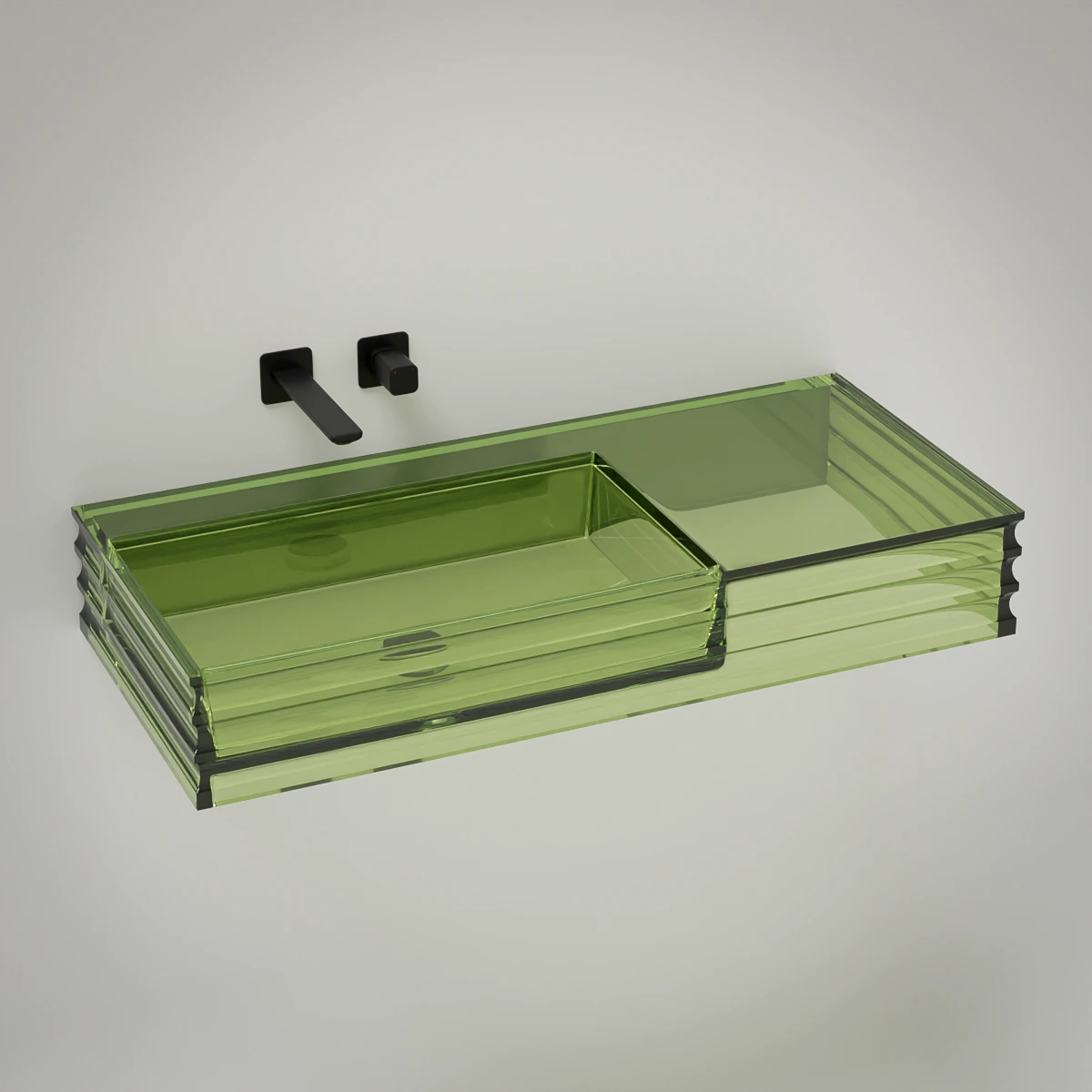 Plan vasque suspendu en verre vert transparent, forme rectangulaire moderne, avec vasque intégrée