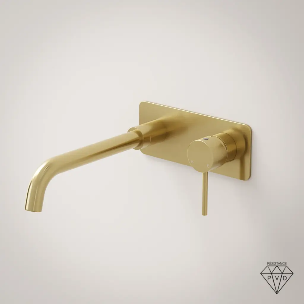 Mitigeur lavabo mural doré brossé, bec 25 cm, Châtelet III